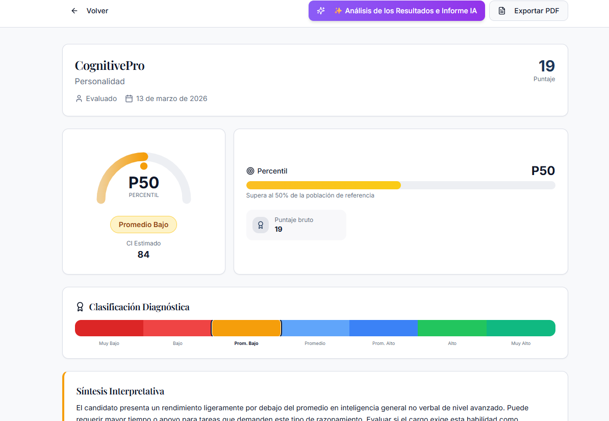 Reporte cognitivo con percentil y clasificación